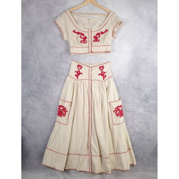 Free People Dresses & Skirts - Free People Cream and Red Embroidered Skirt Set